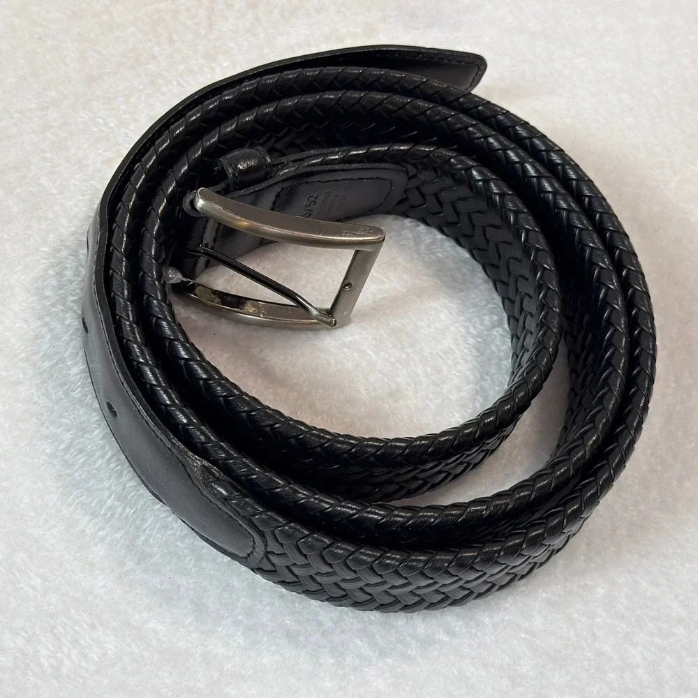 Geoffrey Beene Mens Braided Leather Belt 50/52 Black Classic Professional